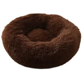 Round Plush Dog Bed, Donut Pet Cushion, Washable Velvet Sofa Mat, Portable Cat House (Brown)