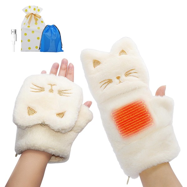 ZenCT CT229 Electric Heating Gloves, USB Rechargeable, Heated Gloves, Cat Pattern, 3 Levels of Temperature Adjustment, 5.5 Hours of Continuous Use, LCD Screen, Fingerless, Cover Included, Warm Gloves, Heating Gloves, Cold Protection, Hand Warmer, Compute