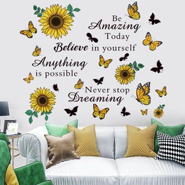 Inspirational Quote Wall Decals Sunflower Wall Stickers Removable Positive Saying Wall Lettering Stickers Peel and Stick for Classroom Home Bedroom Family Office Wall Art Decor