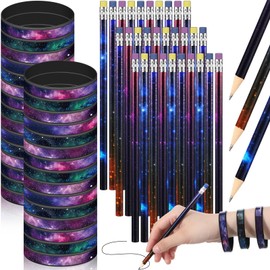 Ctosree 60 Pcs Galaxy Star Pencils Space Silicone Bracelets Set Outer Starry Sky Party Favor Pencils with Eraser Rubber Wristbands Bulk for School Office Supplies Student Reward Astronomy Party Favor