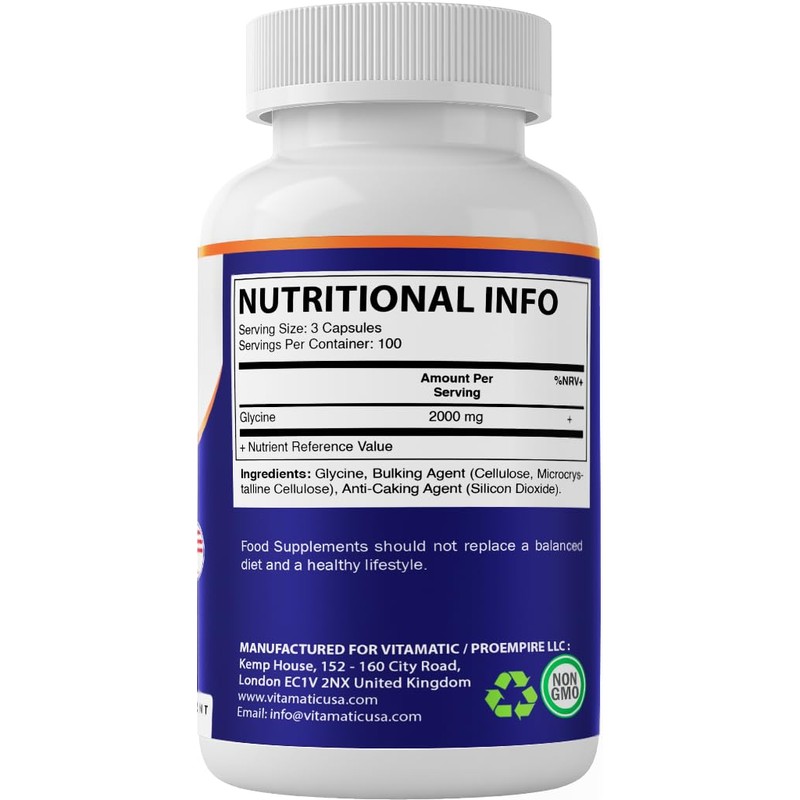 Vitamatic Glycine Supplement, 2000mg Per Serving, 300 Count, Non-GMO, Gluten