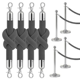 4PCS Silver Velvet Rope 5FT – VIP Rope Barrier with Silver Hooks Thick Velvet String 5 Foot for Crowd Control Stanchion and Posts Party Decor