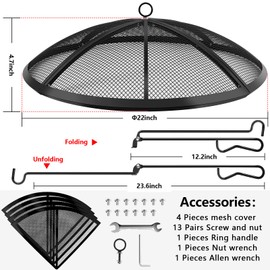 Fire Pit Spark Screen, Fire Pit Screen 22 Inch Round with Handle & Poker, Collapsible Heavy Duty Mesh Fire Pit Cover Fire Pit Lid for Outdoor/Patio/Backyard/RV Camping/Beach