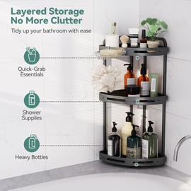 Binecer Corner Shower Caddy Standing, 3 Tier Shower Organizer Stand with Soap Holder, Rustproof Shower Shelves for Bathroom Storage, Grey