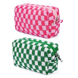 Checkered Makeup Bag Knitted Cosmetic Bag,Makeup Bag Checkered Cosmetic Bag,2Pcs Makeup Bag Pencil Case Makeup Storage Bag Knitted Toiletry Bags,Knitted Pencil Pen Case Storage Bag Large Knitted Purse