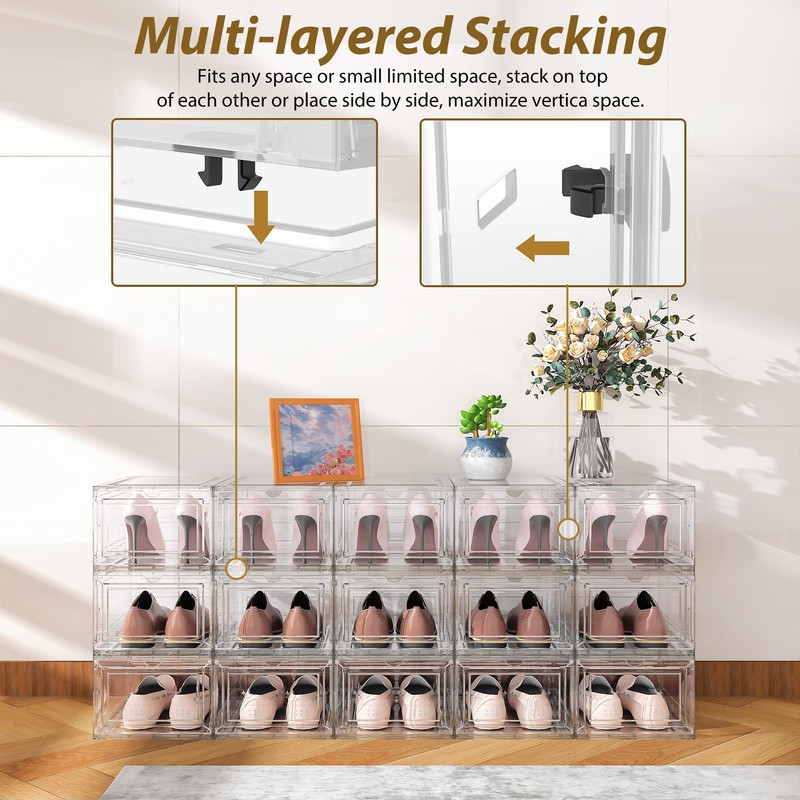 12 Pack Large Shoe Organizer Storage Boxes for Closet, Modular