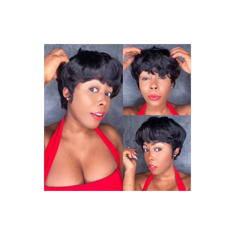 Peluca de cabello humano con corte pixie para mujeres negras,