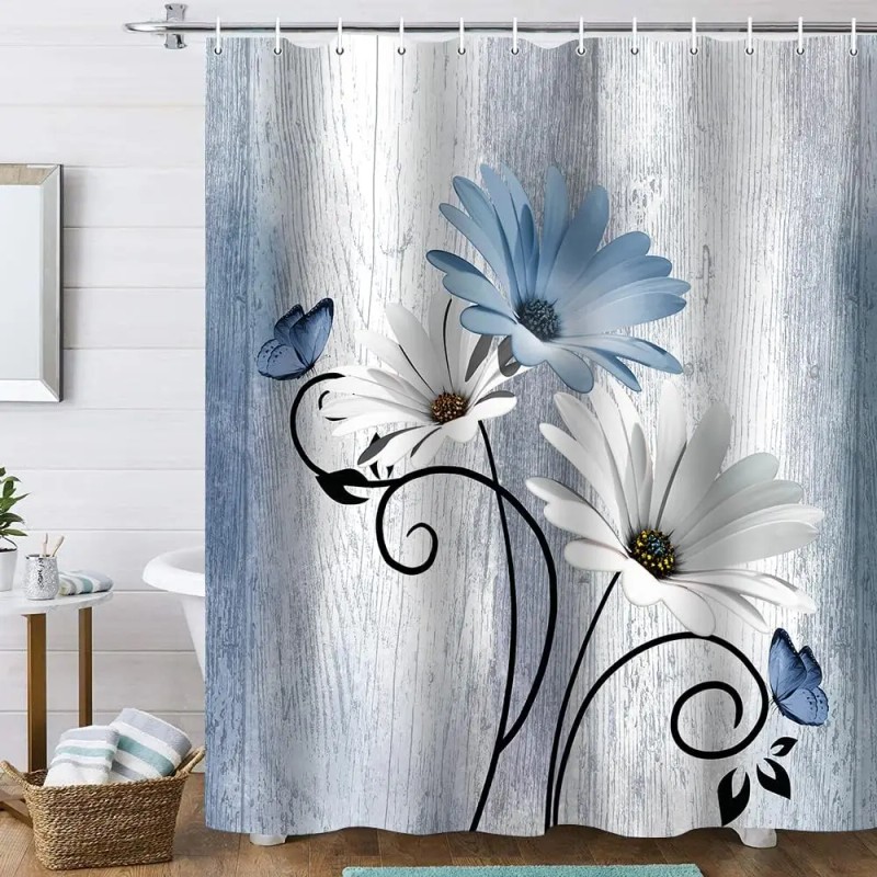 4-Piece Blue Daisy Flowers Waterproof Blackout Polyester Shower Curtain Set