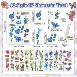 WANDIC Rub On Transfer Stickers Set, 6 Styles 12Pcs Art Plants Flowers Stickers for Scrapbook Journal Sticker of Sewing Handicraft Decor