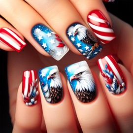 Independence Day False Nails Short 4th of July Press on Nails Acrylic Coffin Glue on Nail Glossy Stripes Patriotic Artificial Fake Nail Reusable for Women 24Pcs