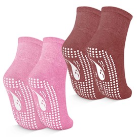 TENQUAN Non Slip Yoga Socks Anti Slip Yoga Socks with Grips for Pilates Grippy Cotton Socks for Home Hospital Workout Sports (2 Pairs Red, Unisex S (UK 3-5 / EU 35-38))