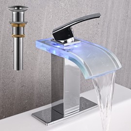 AVSIILE LED Bathroom Sink Faucet, Chrome Waterfall Single Hole Handle Vanity Faucets for Sinks 1 Hole with Metal Pop Up Drain and 2 Water Supply Lines, Wide Glass Spout