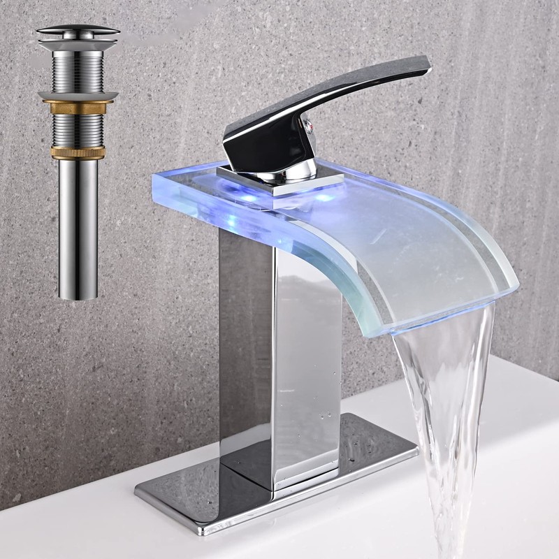 AVSIILE LED Bathroom Sink Faucet, Chrome Waterfall Single Hole Handle