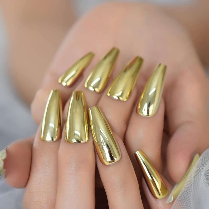 Coffin Medium Uv Gel Reusable Fingernails Glossy Soild Color Golden