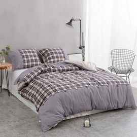 Simple&Opulence 100% Cotton Buffalo Check Plaid Printed Duvet Cover Set, 3 Pieces Bedding Set Including 1 Comforter Cover and 2 Pillow Shams, Soft and Comfortable (King, Lilac)