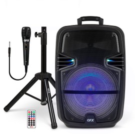 QFX PBX-616SM 15" Bluetooth Rechargeable Speaker with LED Lights, Mic and Stand, Black