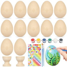 Sprinlot Pack of 12 Wooden Easter Eggs for Painting, Easter Eggs Decorative Eggs Wood with 2 Wooden Egg Cups, Easter Egg Colouring with Painting Set Stickers, DIY Easter Craft Set for Decoration Gift
