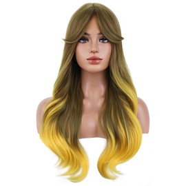 BERON Pelucas Amarillas Ombré Para Mujer, Peluca Larga Ondulada Con Flequillo, Pelucas De Cabello Sintético Amarillo Rizado Resistente Al Calor Para Cosplay, Fiesta De Disfraces O Uso Diario.