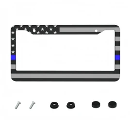 American Flag Thin Blue Line License Plate Frame Black Patriotic Police Auto Tag Cover Aluminum Metal Fits US Standard Car License Plate Holder 2 Holes with Screws for Women Men