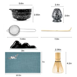 SOOCVWOLF 7 Pcs Matcha Whisk Set, Ceramic Matcha Kit for Tea Ceremony, Matcha Whisk and Bowl, Matcha Tea Set for Making Latte Drinks, Gift for Matcha Lover and Starters(Spotty Black)