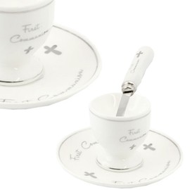 White & Silver Fine China 'First Communion' Egg Cup, Plate & Spoon Set