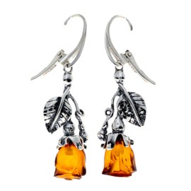 SilverAmber Jewellery UK - Genuine Cognac Baltic Amber set in 925 Sterling Silver Drop/Dangling Rose Classic Earrings - 8320C