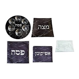 Unique Painted Glass Passover Seder Plate with Matching Matzah Platter, Matzah Cover + More Original Judaica Art (Black Faux Marble)