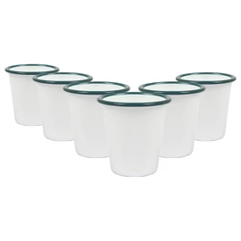 Argon Tableware 300ml Enamel Tumbler Cups with Green Rims - Pack of 6 - White Enamel Reusable Stainless Steel Drinking Glasses Travel Cups for Camping, Travelling, Picnics