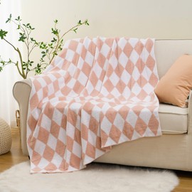 Battilo Pink Blush Checkered Throw Blanket, Fluffy Grid Checkerboard Knit Blanket, Soft Cozy Chenille Plaid Throw Blanket for Couch Bed, 50"x70"