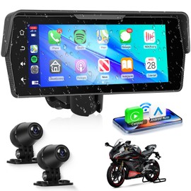 Motorcycle Front+Rear Dash Cam,6.86 inch IPS 1280x480P Touch Screen,1080P Motorcycle Camera DVR,Wireless Carplay&Android Auto,GPS,IP67 Waterproof,120°Wide,Bluetooth5.0,TF,PhoneLink for Motorbike