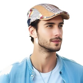 HLLMAN Men's Cotton Flat Hat Newsboy Hat Ivy Gatsby Adjustable Flat Cap Beret for Driving (Cotton -Khaki B)