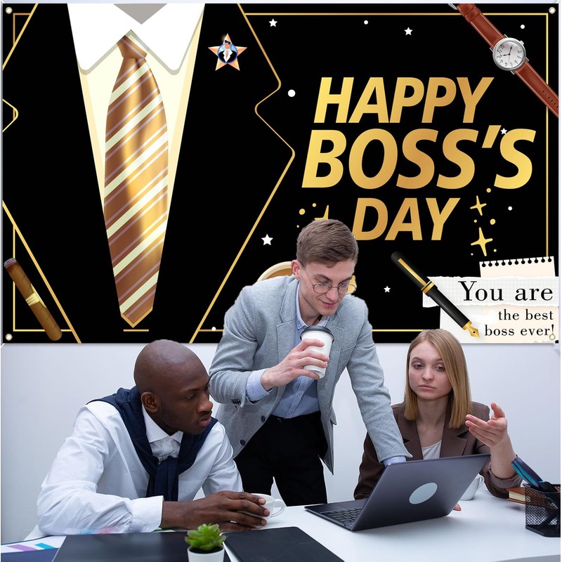Happy Boss's Day Banner Backdrop, Black Gold Boss's Day Decorations,