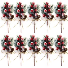 10 Pinos Navideños Artificiales, Ramas De Pino Navideño con Bayas Rojas y Piñas para Decoración De Árbol De Navidad, Manualidades y Centro De Mesa