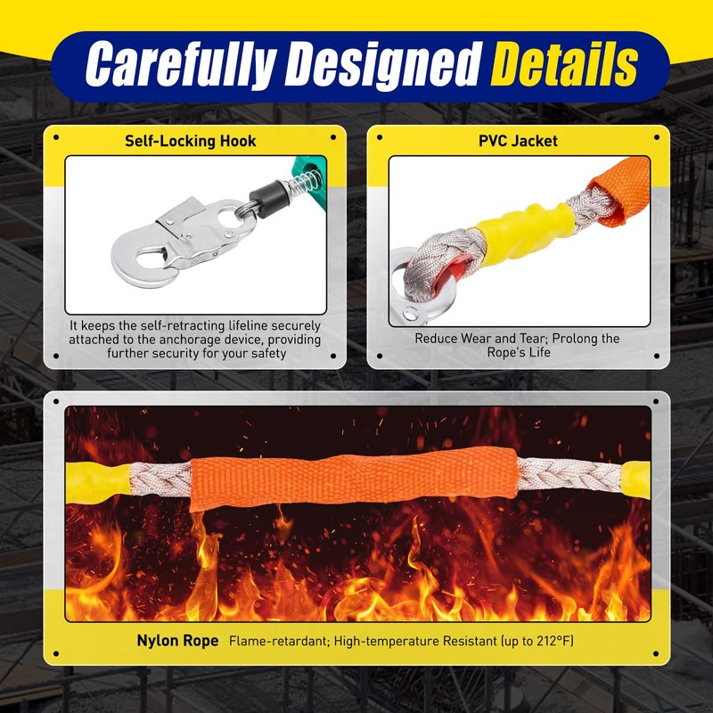 23ft/7m Self Retracting Lifeline,Lanyard Arrester Fall Protection,Retractable Safety Lanyard w/Alloy