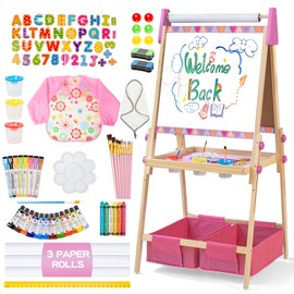 3-in-1 Adjustable Kids Art Easel with Magnetic Whiteboard, Chalkboard & 3 Paper Rolls, All-in-One Double Sided Wooden Painting Easel with Accessories for Toddlers and Kids Ages 3+