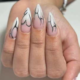 MISUD Almond Press on Nails Medium Fake Nails Glossy Glue on Nails Nude Ombre Acrylic Nail Supplies Stiletto Artificial Nail Art Silver Chrome Swirl False Nails with Design DIY 24 pcs