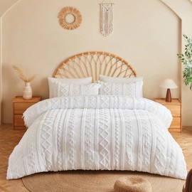 MR&HM White Boho Comforter Set, Farmhouse Bedding Set, Queen Bed in a Bag Set 7 Pieces with 1 Comforter, 2 Pillow Shams, 2 Pillowcases, 1 Flat Sheet, 1 Fitted Sheet for All Seasons