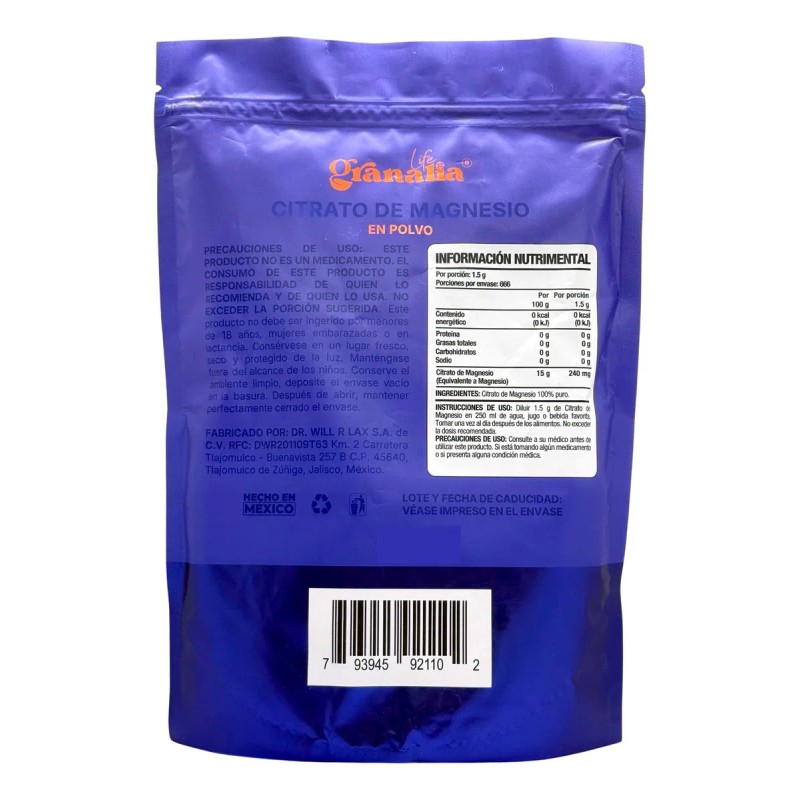 Citrato De Magnesio En Polvo 1 Kg Granalia Sabor N/A