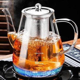 Glass Teapot Stovetop 41 OZ/1200ml, Tea Pot with Removable Stainless Steel Infuser, Borosilicate Clear Tea Kettle with Scale, Teapot Blooming and Loose Leaf Tea Maker Tea Brewer for Camping - Color: 40 oz