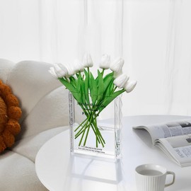 WEISPARK Artificial Tulip with Book Vase, 10pcs Faux White Flowers Fake Tulips in Clear Acrylic Vases for Home Office Decor Unique Vase for Book Lovers, Artistic and Cultural Flavor (White)