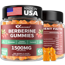 Berberine with Ceylon Cinnamon Gummies - 1500mg Berberine HCI Supplement with Chromium,Turmeric and Milk Thistle - Immune Support - for Women & Men - 60 Sugar Free Gummies