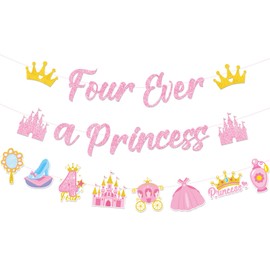 JoyAura Four Ever A Princess Banner - 3 Pcs 4th Birthday Party Decorations Pink and Gold Pre-Strung Glitter Castle Crown Carriage Banners Garland Set Ceiling Decor Supplies for 4 Years Old Girls