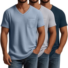 Huukeay 3 Pack Men's Waffle Shirts V Neck Tee with Pocket Short Sleeve Textured Knitted Summer Casual Basic Tops(Navy Blue, Light Gray, Haze Blue,Medium)