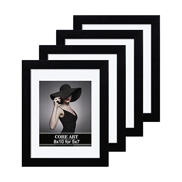 CORE ART 8x10 Black Picture Frame Set of 4,Display Pictures 5x7 with Mat or 8 x 10 without Mat,Multi Photo Frames Collage for Wall or Tabletop Display