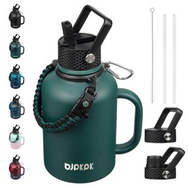 BJPKPK Large Insulated Water Bottles with Straw Lid & Handle, 50oz, 64oz, 87oz, 128oz Water Bottle with 3 Lids and Paracord Strap, Stainless Steel Metal Water Bottle, Insulated Water Jug, Army Green