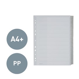 Leitz Register für A4, Deckblatt aus Karton und 12 Trennblätter aus Kunststoff, Taben mit auswechselbaren Einsteckschildchen, Grau, 12740000