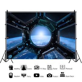 Laeacco 7x5ft Spaceship Window View Backdrop Spacecraft Interior Planet Earth 3D Universe Outer Space Travel Science Explore Photography Background Kids Boy Birthday Party Banner Photo Booth Props