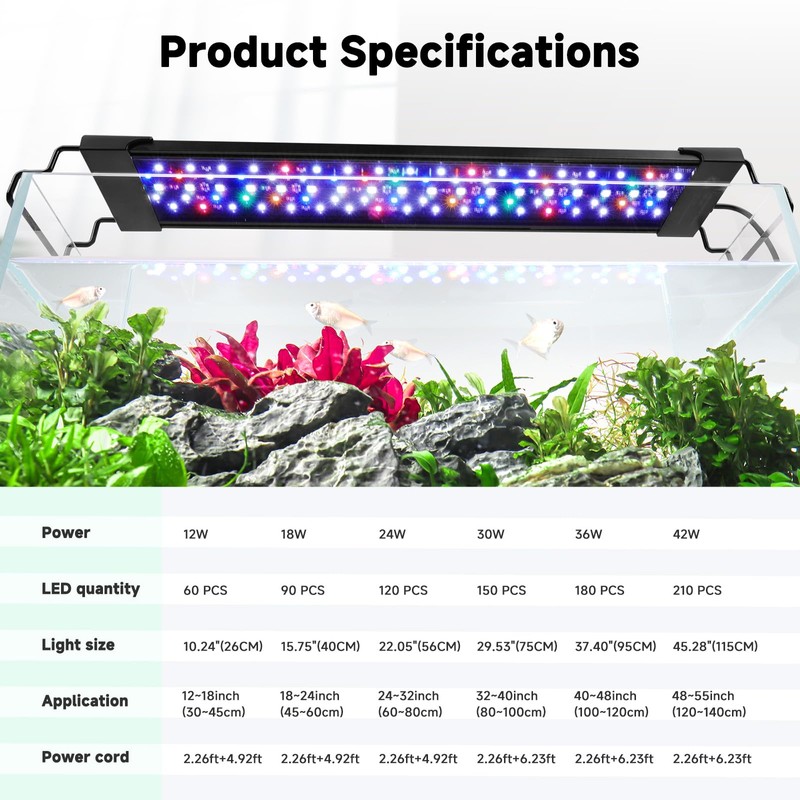 AQQA LED Aquarium Light, 24/7 Mode IP68 Waterproof Extendable Bracket