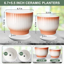 YUFDA 6.7 + 5.5 Inch Plant Pot, Ceramic Planter with Drainage and Saucer, Ceramic Pots for Plants, Indoor Plant pots,Ceramic Flower pots（Orange + White, Plants NOT Included）