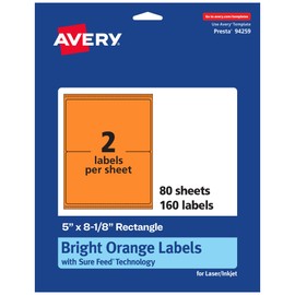 Avery Printable Rectangle Labels, Sure Feed Technology, 5" x 8-1/8", Bright Orange Labels, Laser/Inkjet Printable, 160 Total, Great for Shipping and Packaging
